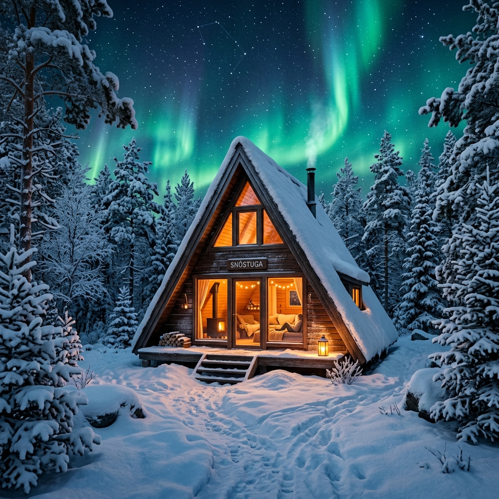 Kabin Berbingkai A di Bawah Cahaya Aurora